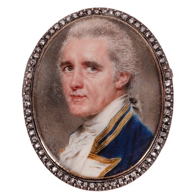 John Smart (British, 1741-1811) A Naval Captain in gold bordered naval uniform with white facings and cravat powdered hair in queue